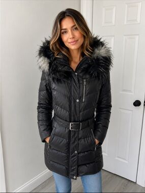 Andrew Marc Black Down Belted Coat
